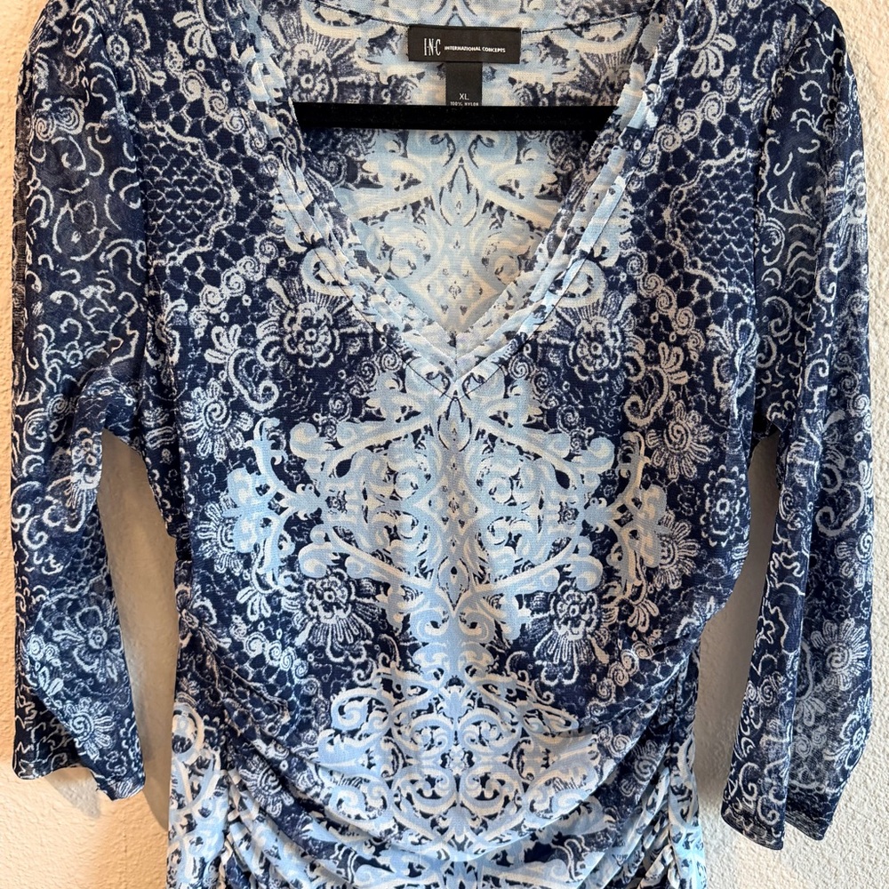 INC International Concepts Navy and White Mesh Top - XL